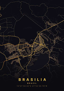 Brasilia Brazil Black and Gold Map