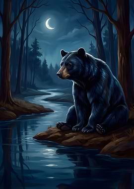 Black Bear by River at Night