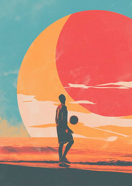 Basketball Player on Beach with Retro Sun