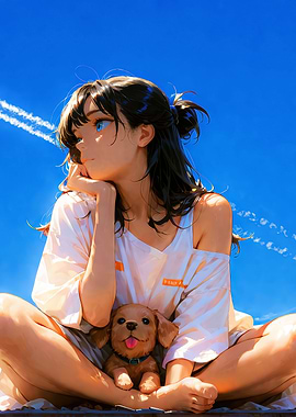 Anime Girl with Puppy under Blue Sky