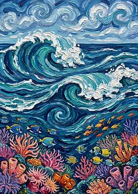 Ocean Wave and Coral Reef Painting