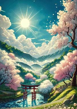 Japanese Landscape Cherry Blossoms