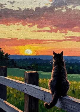 Cat Watching Sunset Painting