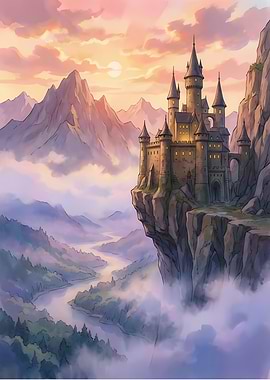 Fantasy Castle on Cliff at Sunset
