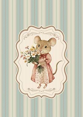 Mouse with Flowers in Vintage Frame
