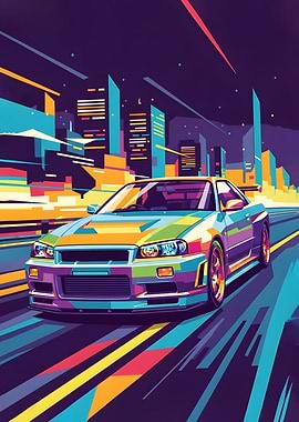 Colorful Car in Cityscape Art