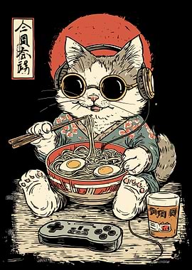 Cool Cat Eating Ramen and Gaming