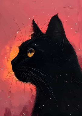 Black Cat Portrait with Starry Background