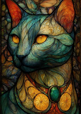 Mystical Stained Glass Cat Portrait
