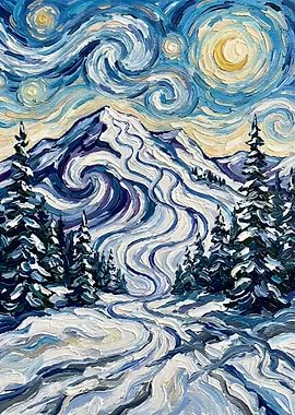 Starry Night Winter Mountain Landscape Painting