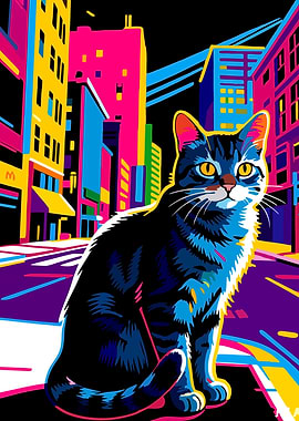 Cat in Cityscape Pop Art