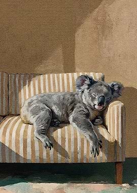 Sleeping Koala on Striped Couch