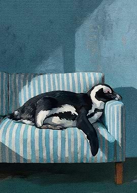 Penguin Napping on Striped Couch