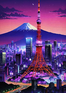 Tokyo Tower and Mount Fuji at Night