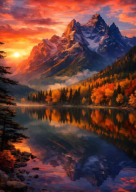 Autumn Mountain Lake Reflection Painting