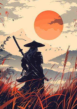 Samurai in Field at Sunset