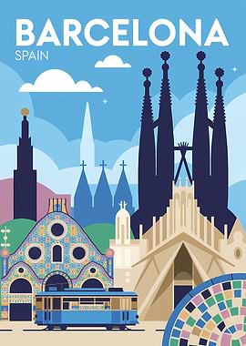 Barcelona Spain Travel Poster Illustration