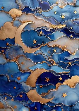 Golden Moon and Stars in Blue Sky