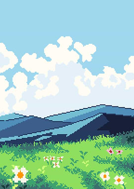 Pixel Art Mountain Landscape with Flowers