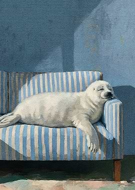 Sleeping Seal Pup on Striped Couch