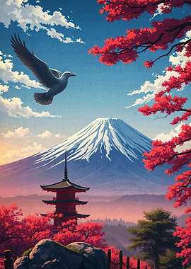 Japanese Landscape Mount Fuji and Pagoda