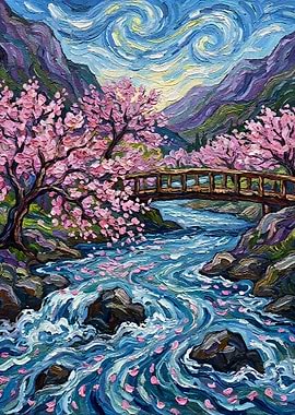 Cherry Blossoms Over River Painting