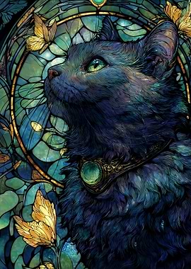 Stained Glass Black Cat with Butterflies