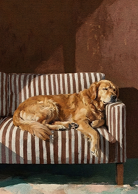 Golden Retriever Sleeping on Striped Couch