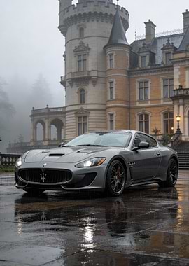 Gray Maserati GranTurismo near a castle