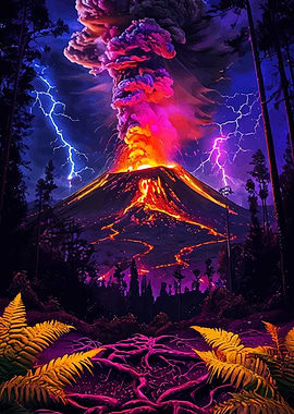 Volcanic Eruption with Lightning and Forest