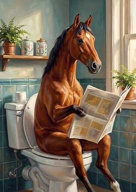 Horse reading newspaper on toilet