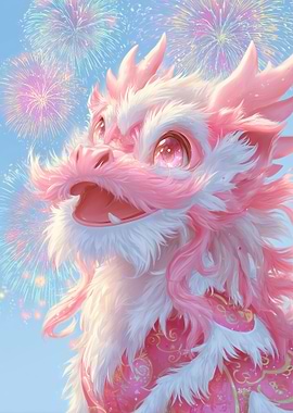 Pink and White Dragon with Fireworks