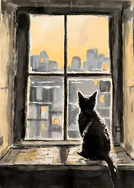 Black cat looking out window painting