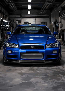 Blue Nissan Skyline GT-R in Garage