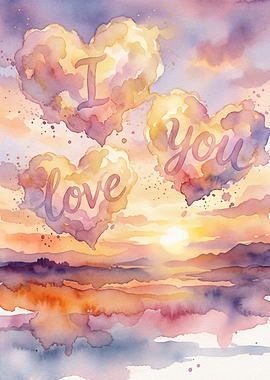 Watercolor Love Clouds at Sunset
