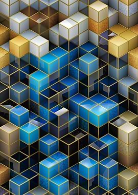 Abstract Cubes with Gold Outlines