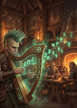 Fantasy Bard Playing Harp in Tavern