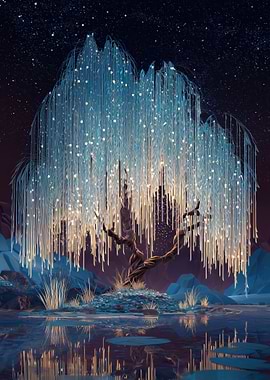 Glowing Willow Tree at Night