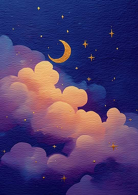 Dreamy Night Sky with Moon and Stars
