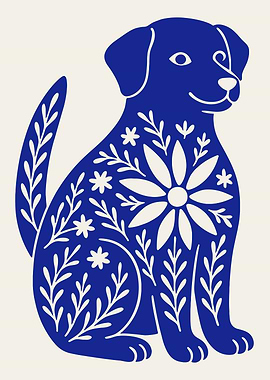 Blue Dog Floral Illustration