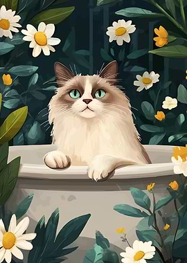 Cat in Tub with Daisies