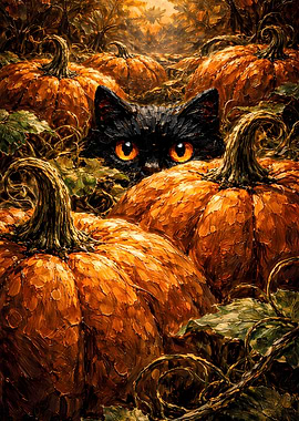 Cute Black Cat Peeking from Pumpkin Patch - Black Cat Impasto Oil Painting Wall Art