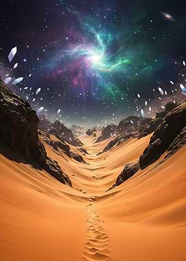 Cosmic Desert Landscape with Crystals