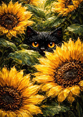 Cute Black Cat Peeking from Sunflowers - Black Cat Impasto Oil Painting Wall Art