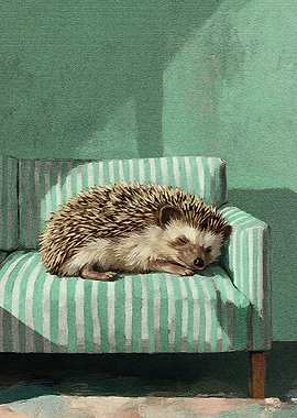 Sleeping Hedgehog on Striped Couch