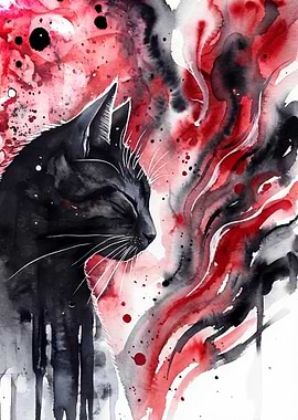 Watercolor Black Cat with Red Accents
