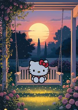 Hello Kitty on a swing at sunset