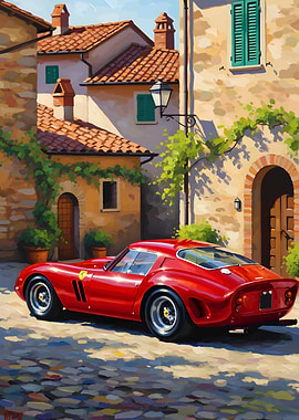 Red Ferrari in Italian Village Painting
