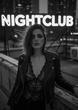 Nightclub rooftop fashion portrait in monochrome