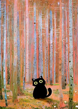 Black cat in autumn forest painting
